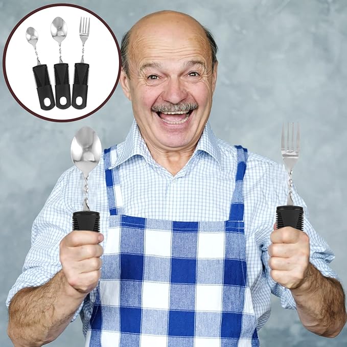 SOLUSTRE 3pcs Adaptive Utensils Easy Grip Silverware Built Up Bendable Fork Teaspoon Tablespoon Eating Feeding Utensil Assist Tableware for Elderly People Disability
