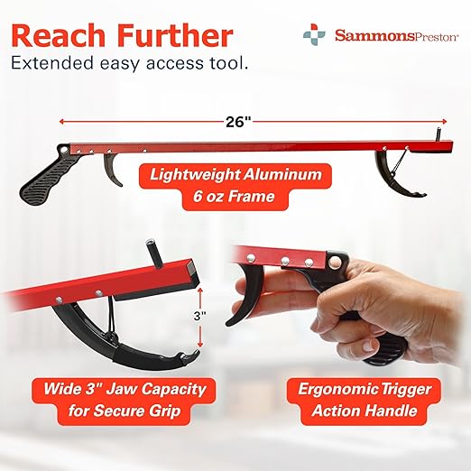 Sammons Preston Reacher, 26" Lightweight Grabber Reacher Tool with Magnetic Tip, Ergonomic Grip & Claw Jaw, Portable Reaching Aid for Seniors, Daily Living & Home Use, Standard Red,3 pack