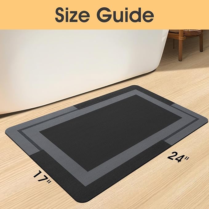 ACCUMTEK Non Slip Bath Mat, Thin Bathroom Rugs Fit Under Door, Quick Dry Bath Mats, Machine Washable Bath Rugs for Bathroom, Bathtub & Kitchen, Black/Bordered/24 x16
