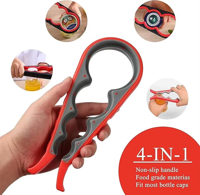 Jar Opener for Weak Hands & Seniors with Arthritis (4-Piece Set) – 5-in-1 Bottle & Can Opener Kitchen Gadget with Non-Slip Silicone Gripper Pad & Corkscrew Wine Opener
