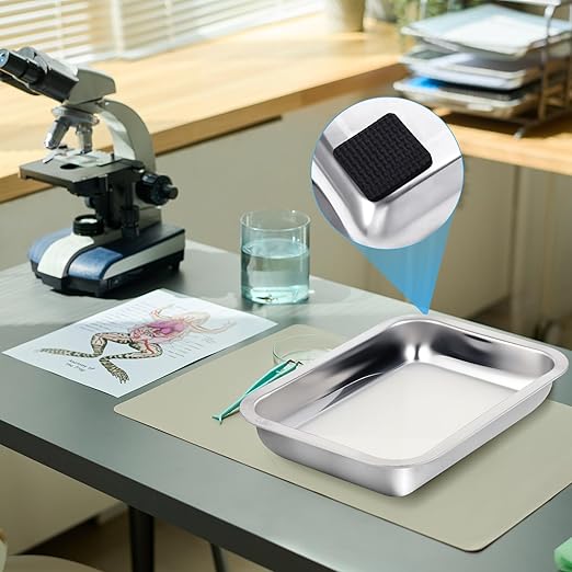 Conelist 1 Set 10.2 x 7.5 Inch Dissection Pan with White Wax Thicken with 4 Rubber Nonslip Mat Reusable Stainless Steel Thicken Dissection Pan for Lab Experiment Junior Senior