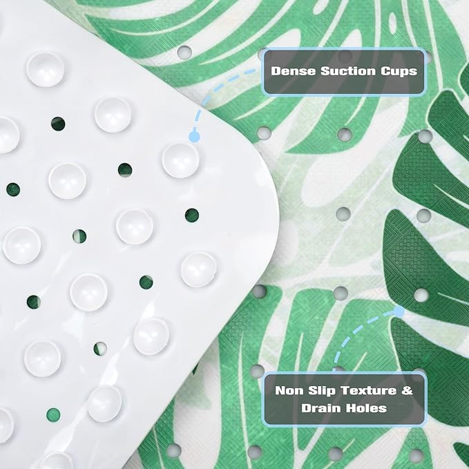 Tropical Leaves Bathtub Mat Non Slip, Boho Bath Tub Mat Baby Bath Mats for Bathroom Anti Slip Shower Mats for Inside Shower, Green Plants Bathmat with Suction and Drain Holes Machine Washable, 40″x16″