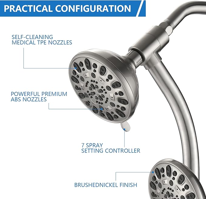 High Pressure 48-Settings Shower Head with Handheld Shower,Drill-Free 3-Way Diverter for Easy Reach,Adjustable Height Slide Bar Dual Shower Head Combo Set - Brushed Nickel