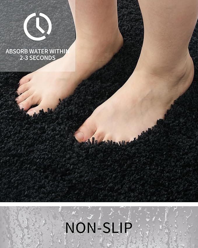 Bathroom Rugs Non Slip Washable 59x24, Ultra Thick Soft Microfiber Absorbent Bath Mats, High Density Foam Latex Non Slip Backing Bath Rugs, Fluffy Floor Carpet for Tub&Shower, Black