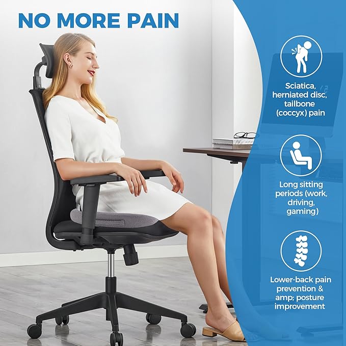 Extra Large Memory Foam Seat Cushions for Office Chairs, Car, Airplane, Wheelchair– Relieves Lumbar, Orthopedic, Sciatic, Coccyx and Back Pain – Comfortable Non-Slip – Bonus Carry Bag Included (Gray)