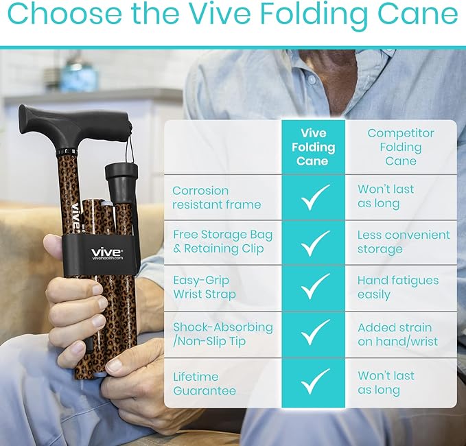 Vive Folding Cane - Foldable Walking Cane for Men, Women - Fold-up, Collapsible, Lightweight, Adjustable, Portable Hand Walking Stick - Balancing Mobility Aid - Sleek, Comfortable