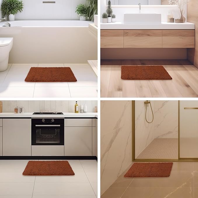 Rust Bathroom Rugs – Absorbent and Washable Bath Mat, Non-Slip, Thick Soft Chenille Bath Rugs for Bathroom Floor, Shower, Sink - 17" x 24"