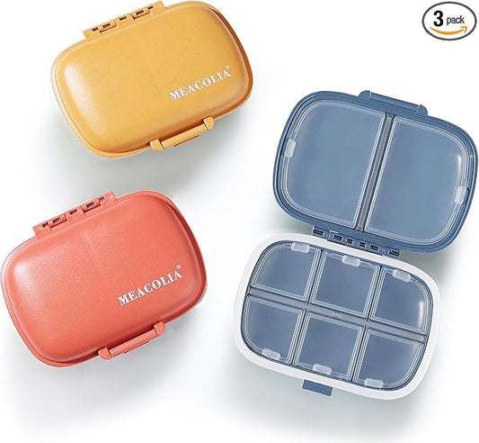 MEACOLIA 3 Pack 8 Compartments Travel Pill Organizer, Daily Pill Case Small Pill Box for Pocket Purse, Portable Pill Container Medicine Vitamin Organizer (Dark Blue, Red, Yellow)