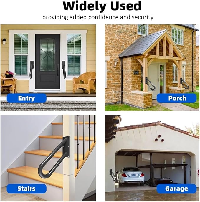 Hand Rails for Outdoor Steps Stair Railing Indoor Rail Metal Heavy Duty Non-Slip 1-3 Step Wall Mount Grab Bars U-Shape Safety Handle Garage Porch Courtyard Doorways (2 Pack 20")