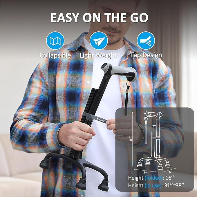 Rehand Quad Cane, Walking Cane with Ergonomic Handle Ever and Graceful 4-Pronged Base for Extra Stability, Adjustable Walking Sticks for Right or Left Handed Men & Women and Seniors
