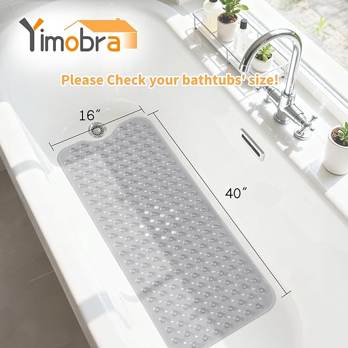 Yimobra Non Slip Bathtub Mat 40"x16", Super Strong Suction Cups, Extra Long Shower Mat with Drain Holes, Machine Washable Fast Draining Bathroom Floor Mat, Clear Grey