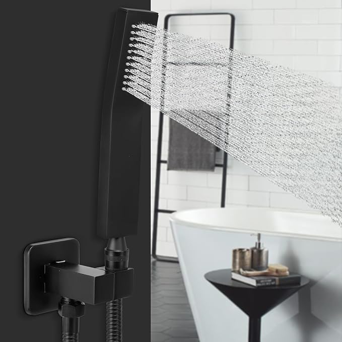 NearMoon Brass HandHeld Shower Head, Luxury High Pressure Shower Kit with Wall Connector and Hose Set, for Bathroom Showering System Contemporary Square Style (Matte Black)
