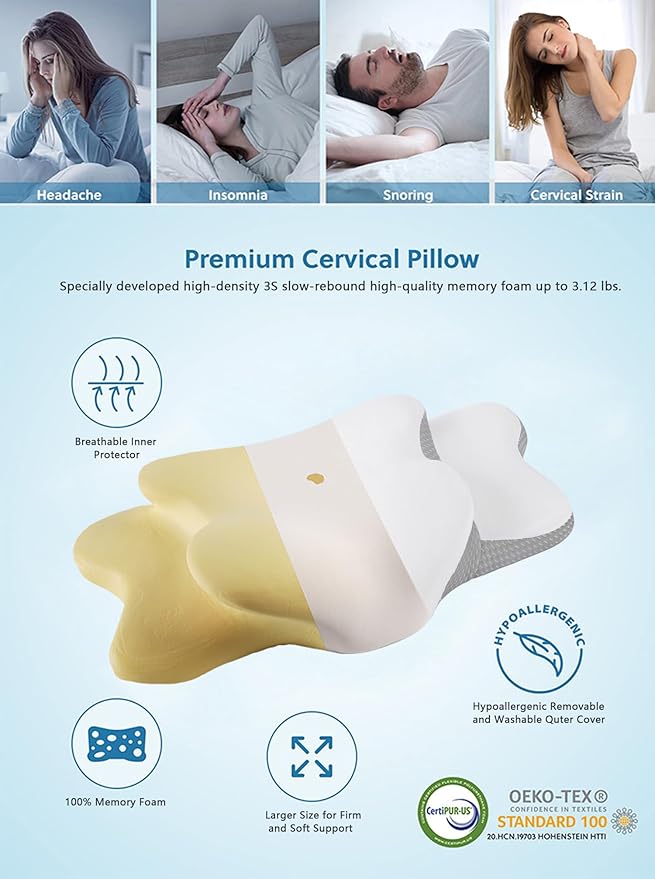 Cervical Neck Pillow for Sleeping | Ergonomic Pillow for Sleep Apnea, Neck Pain, and Snoring Relief | Contour Memory Foam with Ergonomic Support, White, Large