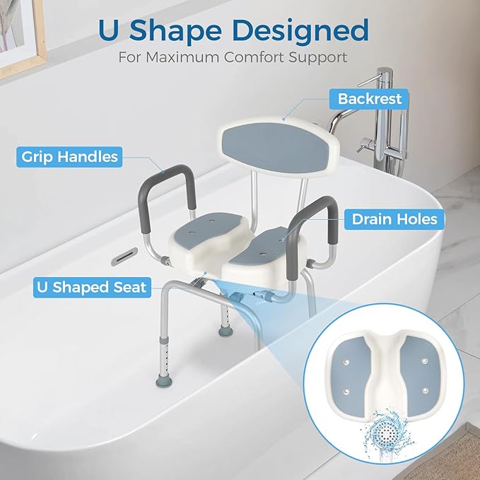 FAHKNS Senior Bathing Chair Swivel Shower Chair with Arms and Back, 400 lbs Heavy Duty U-Shape Seat for Inside Tub, Height Adjustable Safety Bath Seat for Elderly and Disabled