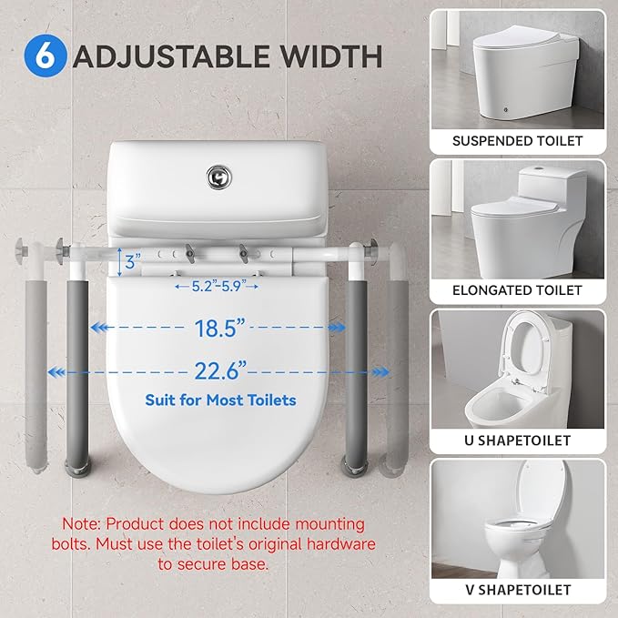 Loyoda Heavy-Duty Steel Toilet Safety Rail - Securely Bolts to Toilet Seat Holes, Adjustable Height & Width, Non-Slip Feet & Soft Foam Grip, Supports 350 lbs for Elderly & Mobility Assistance