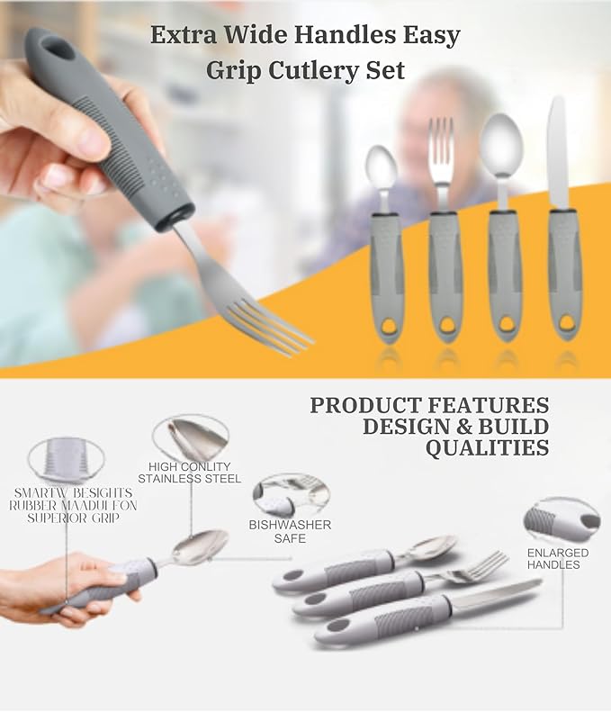 Adaptive Utensils 4-Piece Set – Weighted Utensils for Parkinson’s & Hand Tremors, Built-Up Non-Slip Handles, Arthritis Silverware for Elderly & Seniors, Stainless Steel Flatware