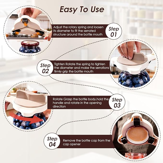 4 in 1 Multi-Purpose Jar Opener, Adjustable Stainless Steel Lid Remover for Seniors & Arthritis Sufferers, Jar Opener for Weak Hands with Bottle Cap Opener, Fits Kitchen Jars, Bottles & Cans (Beige)