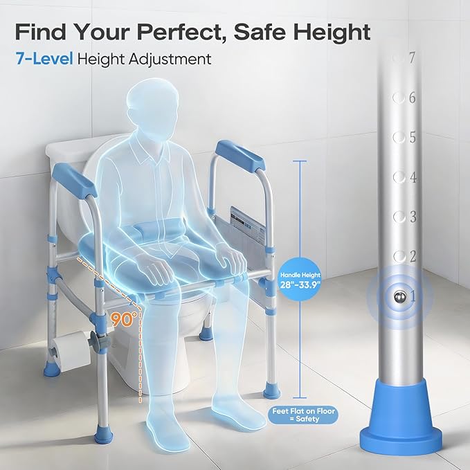 Padded Toilet Seat Riser for Seniors FSA/HSA Eligible, Adjustable Safety Frame Raised Toilet Seat with Handles, Heavy Duty Bariatric Recovery Elderly Assistance Products, Fits Round & Elongated