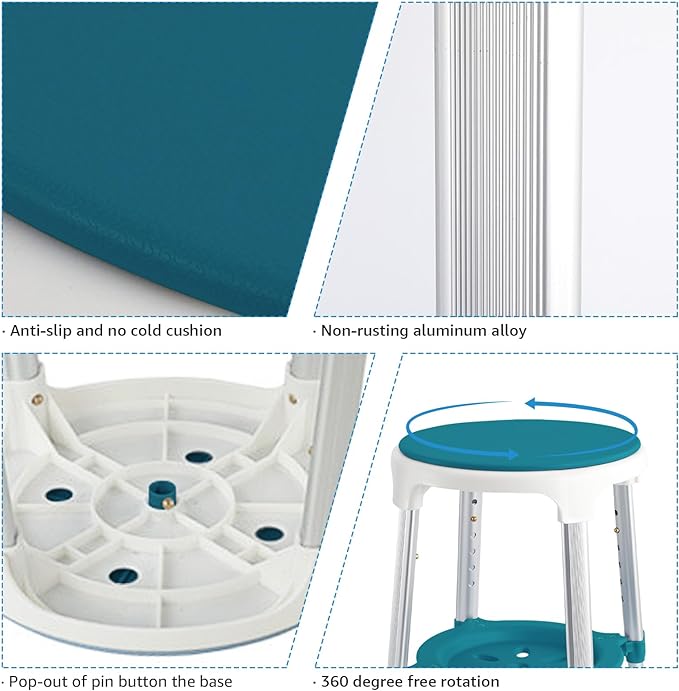 Shower Stool Chair for Inside Shower, Upgrade Small Corner Plastic Stool for Seniors Adult, 360° Swivel Shower Stool Seat for Bathroom, 6-Level Adjustable Height Bath Chair Stools with Shelf