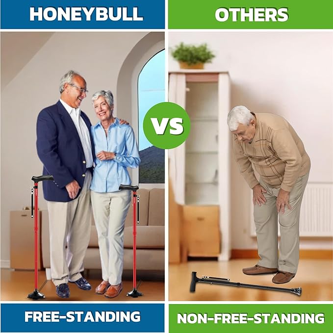 HONEYBULL Walking Cane for Men & Women Foldable, Adjustable, Heavy Duty, Free Standing, All Terrain, Collapsible Walking Sticks for Seniors & Adults