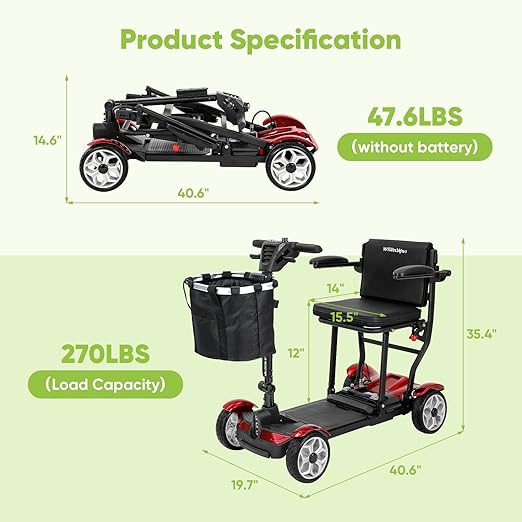 (2026 Upgrade) Lightweight Mobility Scooter for Seniors & Adults, Folding Mobility Scooters, Light Weight 24.8 Miles Trave Foldable 4 Wheeler, Removable Lithium Battery, 300lb Capacity-Gloss Red