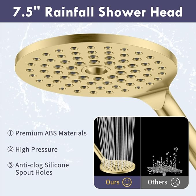 HOWUWEY Dual Shower Heads with Handheld Spray Combo, 7.5" High Pressure Rainfall Showerhead, Double Shower Heads with Handheld Spray, 9 Modes Hand Showerhead with 79" Hose (Standard, Brushed Gold)