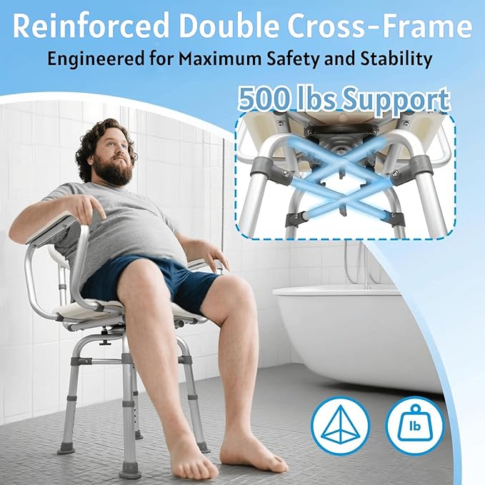 Swivel Shower Chair for Elderly and Disabled - Heavy Duty 500 lbs Shower Chair with Arms & Back for Inside Shower - 360° Rotating, Height Adjustable, Reinforced Bath Tub Bench Stool Seat