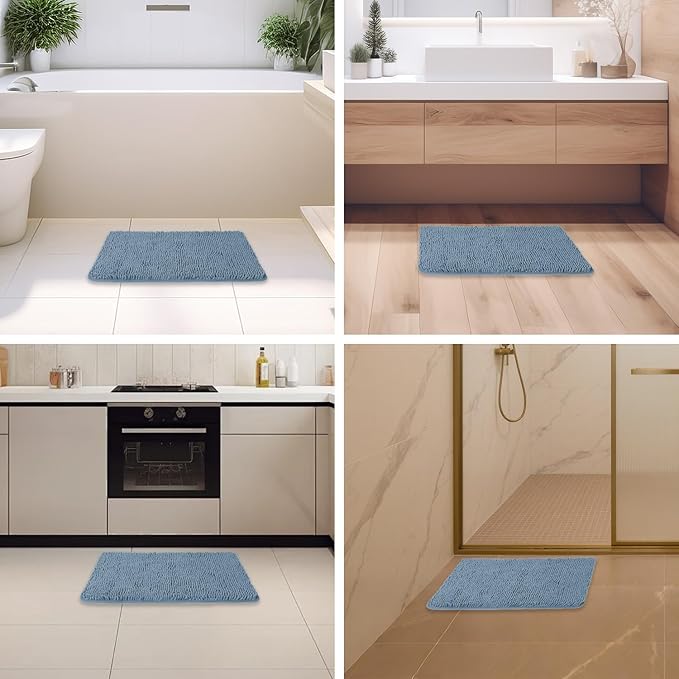 Blue Bathroom Rugs – Absorbent and Washable Bath Mat, Non-Slip, Thick Soft Chenille Bath Rugs for Bathroom Floor, Shower, Sink - 17" x 24"