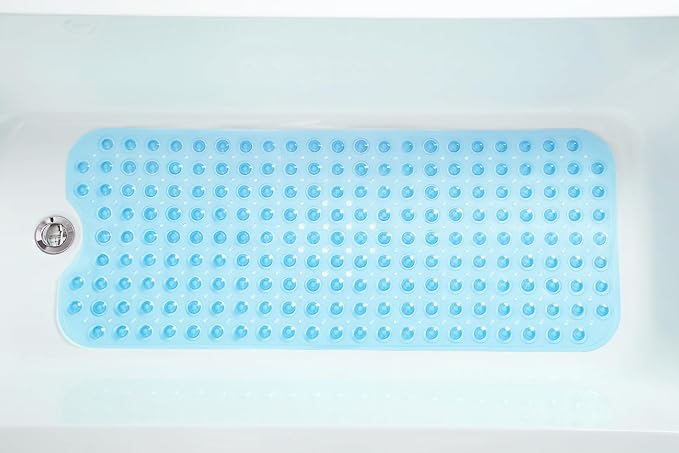 Extra-Long Non-Slip Bathtub & Shower Mat 39”x16” (Smooth/Non-Textured Tubs Only) Safe, Clean, Machine-Washable, Superior Grip&Drainage, Vinyl, Transparent Light Blue