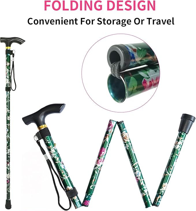 Folding Cane, 5-Level Adjustable Height Lightweight Portable Foldable Walking Canes with Wrist Strap and T Handle for Men Women Seniors