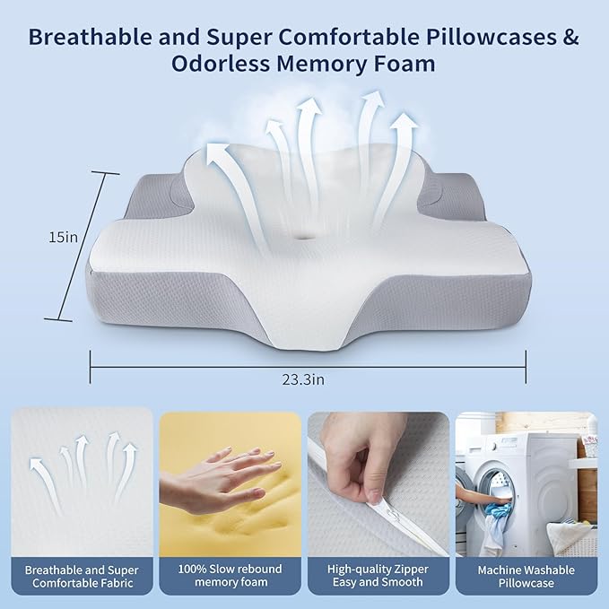 Cervical Pillow for Neck Pain Relief, Hollow Design Odorless Memory Foam Pillows with Cooling Case, Orthopedic Bed Pillow for Sleeping, Support for Side Back Sleepers