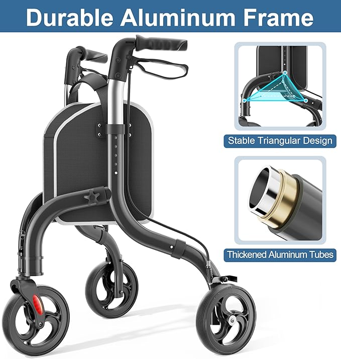 HOMLAND 3 Wheel Walkers for Seniors, Lightweight Foldable Aluminum Three Wheel Walker, Height Adjustable Compact Rollator Walker with Removable Storage Bag