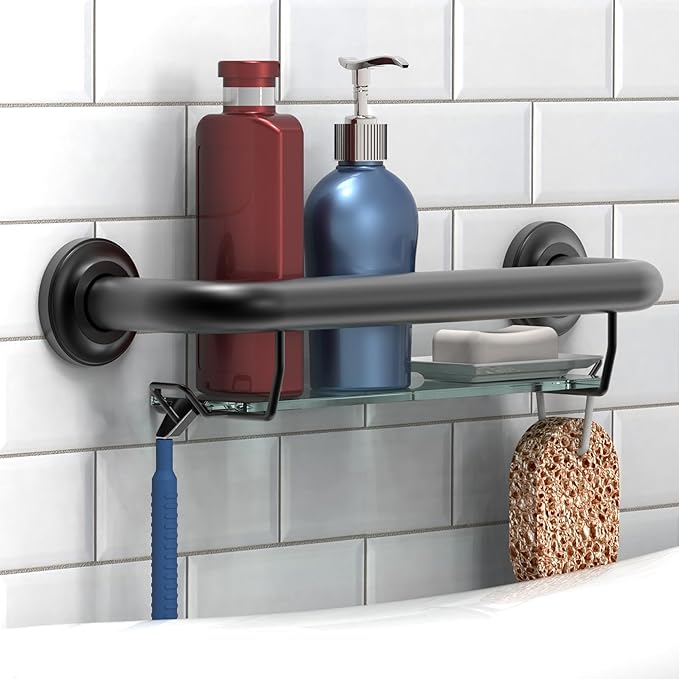 ADA Compliant Grab Bar with Glass Shelf for Shower Wall and Bathtubs, 500lbs Weight Support, 1-1/4 x 16 inch for Stud Mount, Matte Black