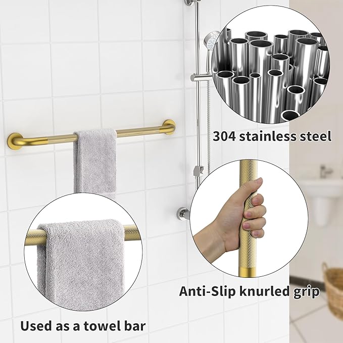Shower Grab Bar 32 Inch, iHansee Brushed Gold Bathroom Grab Bar w/Anti-Slip Knurled Grip, Stainless Steel Bath Safety Bars Support Handrail for Senior Elderly, Toilet Bathtub Balance Handle for Wall