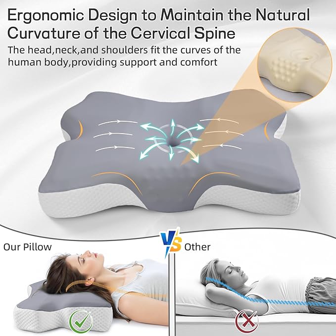 Cervical Neck Pillow for Pain Relief, Ergonomic Neck Support Pillow for Side Sleeper, Contour Memory Foam Pillows with Cooling Pillowcase Orthopedic Bed Pillow for Back Stomach Sleepers, Grey