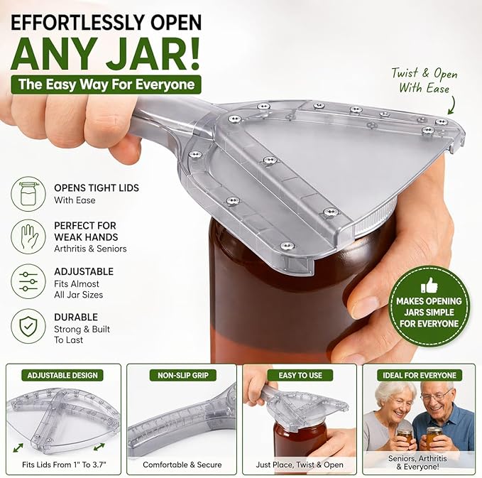 Jar Opener for Seniors | Easy Grip Lid Opener for Weak Hands & Arthritis | Non-Slip PP Plastic with Stainless Steel Core for Small & Medium Jars