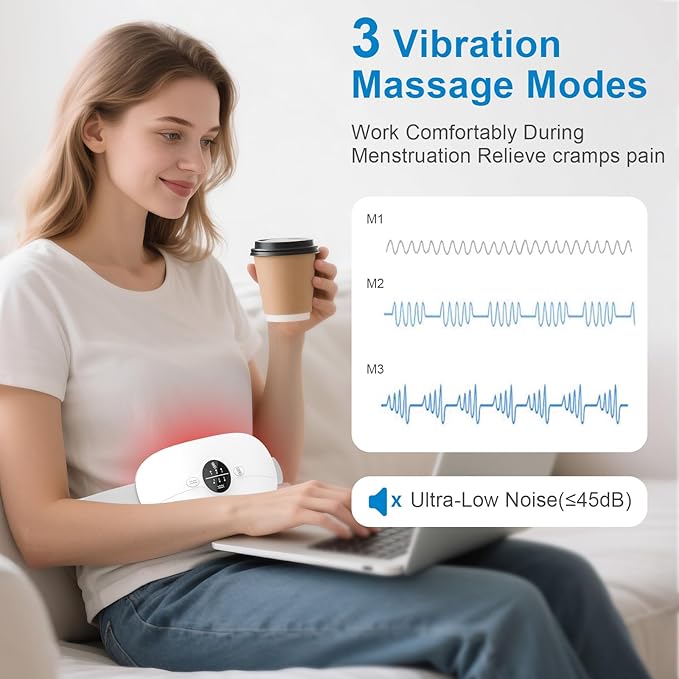 Cordless Portable Heating Pad, 3 Heat & 3 Massage Modes Wearable Warming Belt, Electric Belly and Back Heat Pad for Women Comfort, Fast Heating Waist Wrap for Home Office, White
