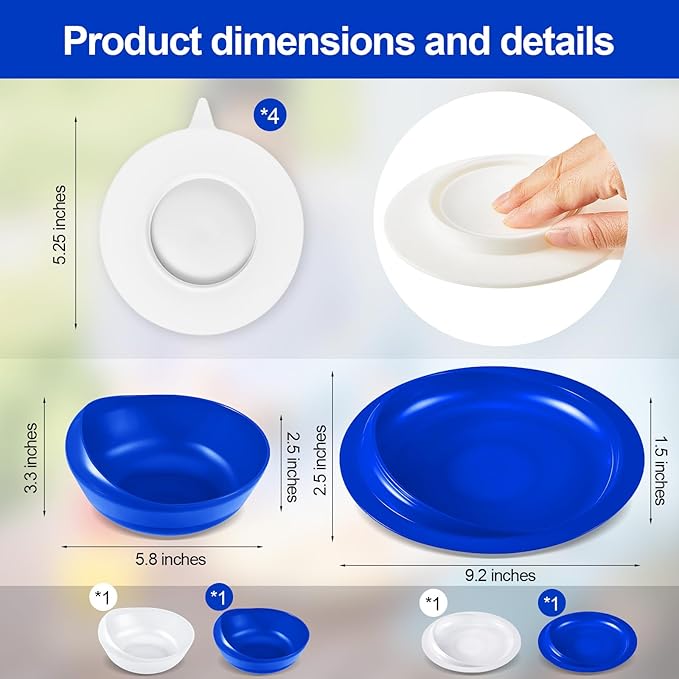 Hushee 2 Sets Adaptive Spill Proof Scoop Bowl and Plate Set with Suction Base Non Skid Self Feed Suction Dinnerware for Elderly Disabled Handicapped from Parkinsons Tremor (White and Blue)