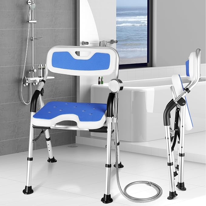 DEWEL Foldable Shower Chair for Elderly and Disabled, Folding Shower Seat with Armrests and Back Height Adjustable, Aluminum Alloy Bath Seat for Inside Shower, 330lbs Capacity (Blue)