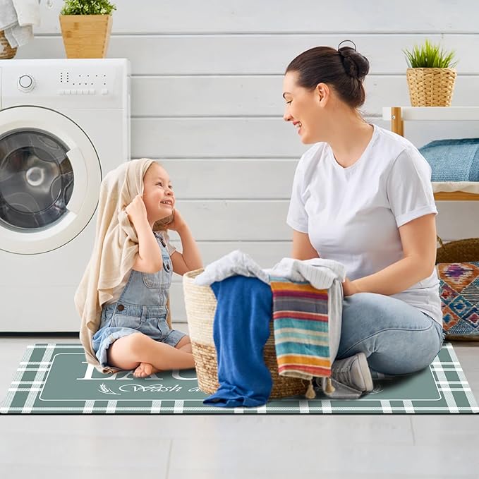 XLHOMO Laundry Room Rug Runner, 17"x47" Buffalo Plaid Non Slip Teal Laundry Rugs, Farmhouse Washable Floor Laundry Mats for Laundry Room, Mudroom, Kitchen, Washroom, Bathroom, Entryway Rugs Decor
