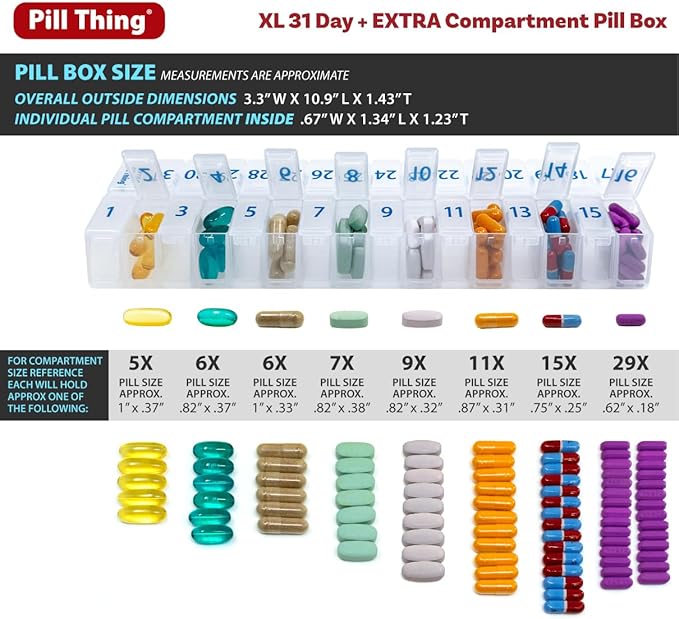 XL Once-a Day Monthly Pill Organizer Removable Lid for Easy Filling, Extra Large Compartments for 31 Days Plus Compartment for Extra Pills, BPA Free (Clear, XL - 1 Count (Pack of 1))