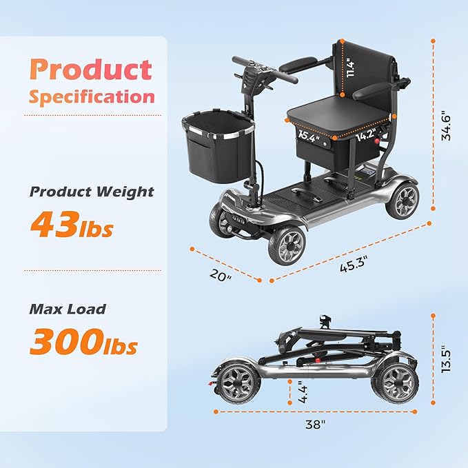 Lightweight Mobility Scooter for Adults & Seniors - Cruise & Airport Approved, 43lb Foldable Portable Motorized Scooters with Removable Lithium Battery for 12.4 Miles Travel, 300lb Capacity, Silver