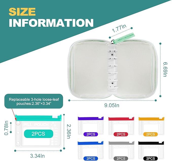 Timueetech A7 Waterproof Pill Organizer with 14 S Zippered Pill Pouches for A7 Binder, Small BPA-Free Weekly Medicine Organizer, Color-Coded Reusable Travel Pill Storage System
