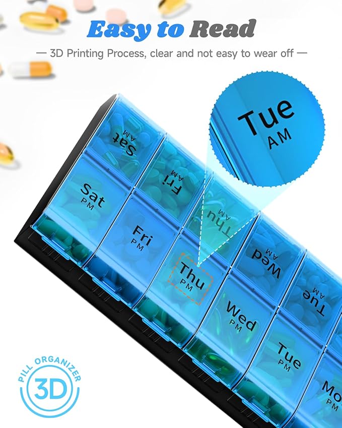 Extra Large Pill Organizer 2 Times a Day, Weekly XL AM PM Pill Case, 7 Day Pill Box Twice a Day, Oversized Daily Medicine Organizer for Vitamins (Blue)