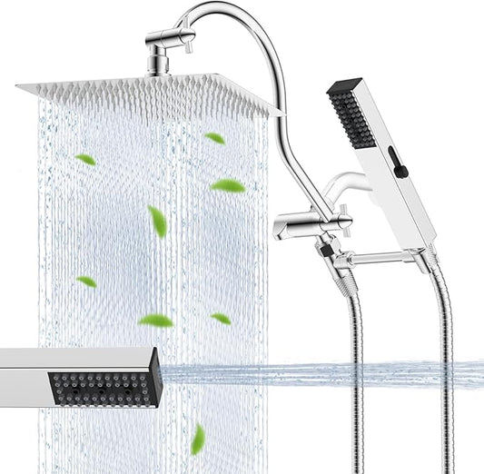 Hibbent All Metal cUPC Certified Shower Head, 12'' High Pressure Rainfall Shower Head, Showerhead Combo, Handheld Shower Wand, 12'' Adjustable Extension Arm, 4-Spray, 71'' Hose, Shower Holder, Chrome