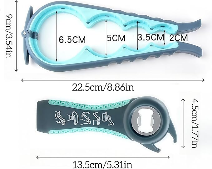 5-in-1 Jar Opener for Seniors, Weak Hands & Arthritis – Non-Slip Silicone Gripper Pad, Easy-Grip Bottle & Can Lid Opener Set, Grey and Blue