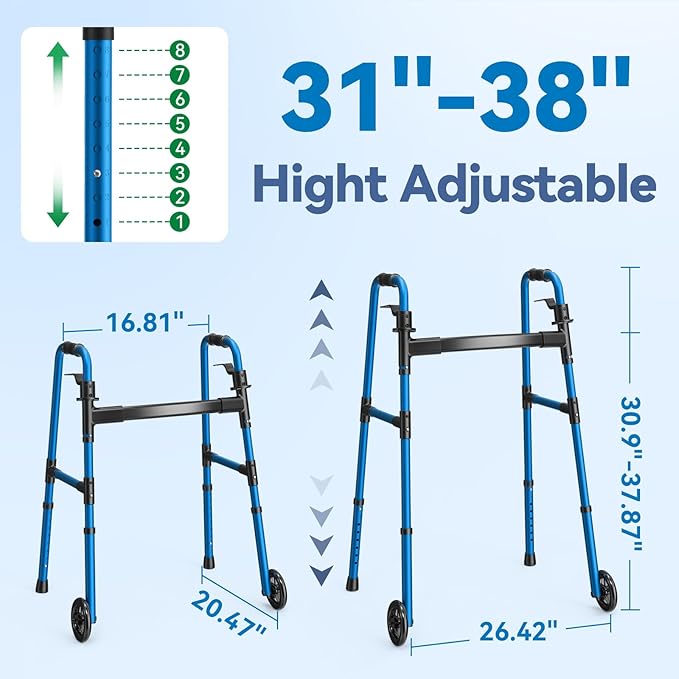 Loyoda Folding Walker with 2 Skis and 5" Wheels, Lightweight Walkers for Seniors and Adults, Supports Up to 350 Pounds, Adjustable Height, Compact Standard Walker, Blue