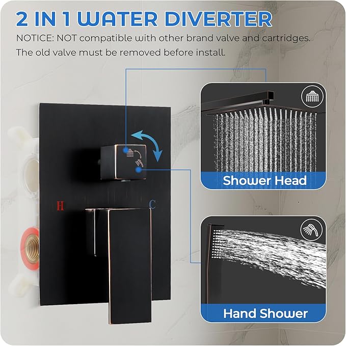 ORB Shower Faucet Set, 10 inch Rain Shower System with Pressure Balance Valve, Wall Mounted 2-Functions Bathroom Shower Systems with Rain Shower and Handheld Spray Shower Trim Included
