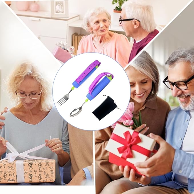 Adaptive Utensils Set, 2pcs Spoons Forks Set for Elderly, Weighted Utensils for Hand Tremors, Arthritis Weakness, and Parkinsons, with Non-Slip Easy Grip Handle, 360 Degree Rotation Rubber Strap