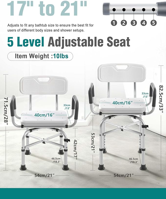 Lamberia Shower Chair for Inside Shower with Arms and Back, 500lbs Heavy Duty 360° Swivel Bathtub Seats, Height Adjustable Safety Bath Seat for Elderly, Adults, Handicap and Disabled(Arms and Back)